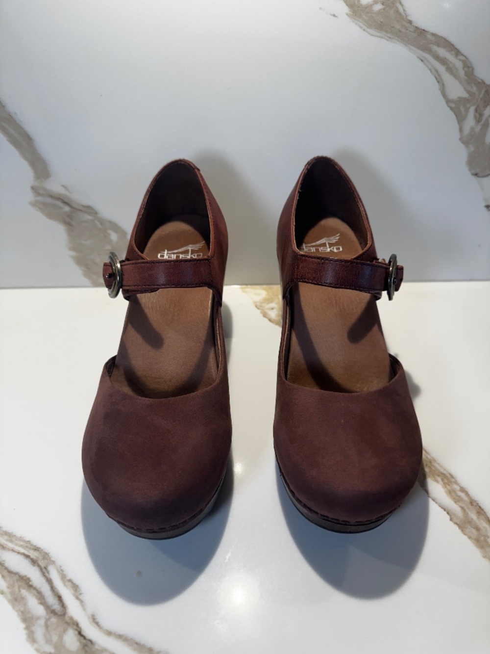 Dansko Dorothy Burgundy Nubuck Leather Mary Jane Platform Heels 37